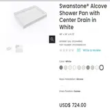 Swan FF034 Shower Base Pan 34x48 in Center Drain Solid Surface White - Thumbnail 4